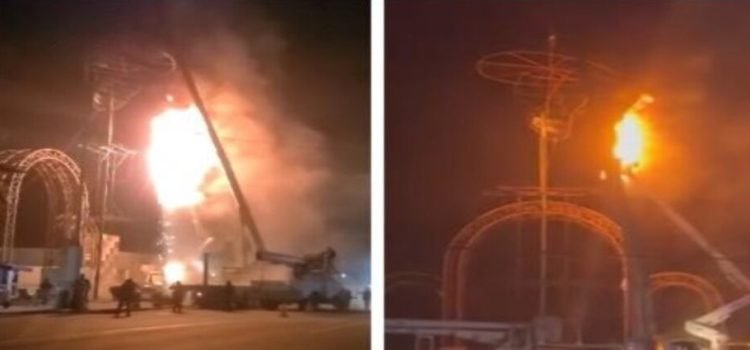Dos soldadores terminan lesionados al instalar la estructura metálica de una Catrina Garbancera gigante